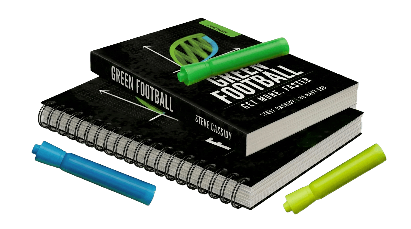 Green Football paperback stacked with the printed playbook and highlighters