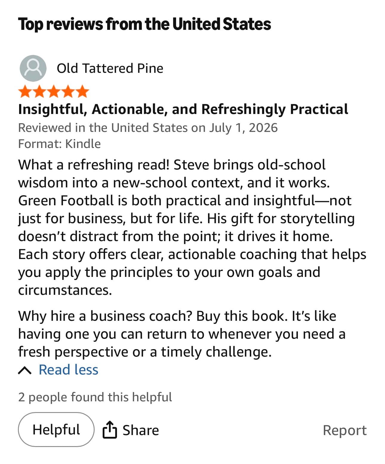 Five-star Amazon review titled "Insightful, Actionable, and Refreshingly Practical" from Old Tattered Pine