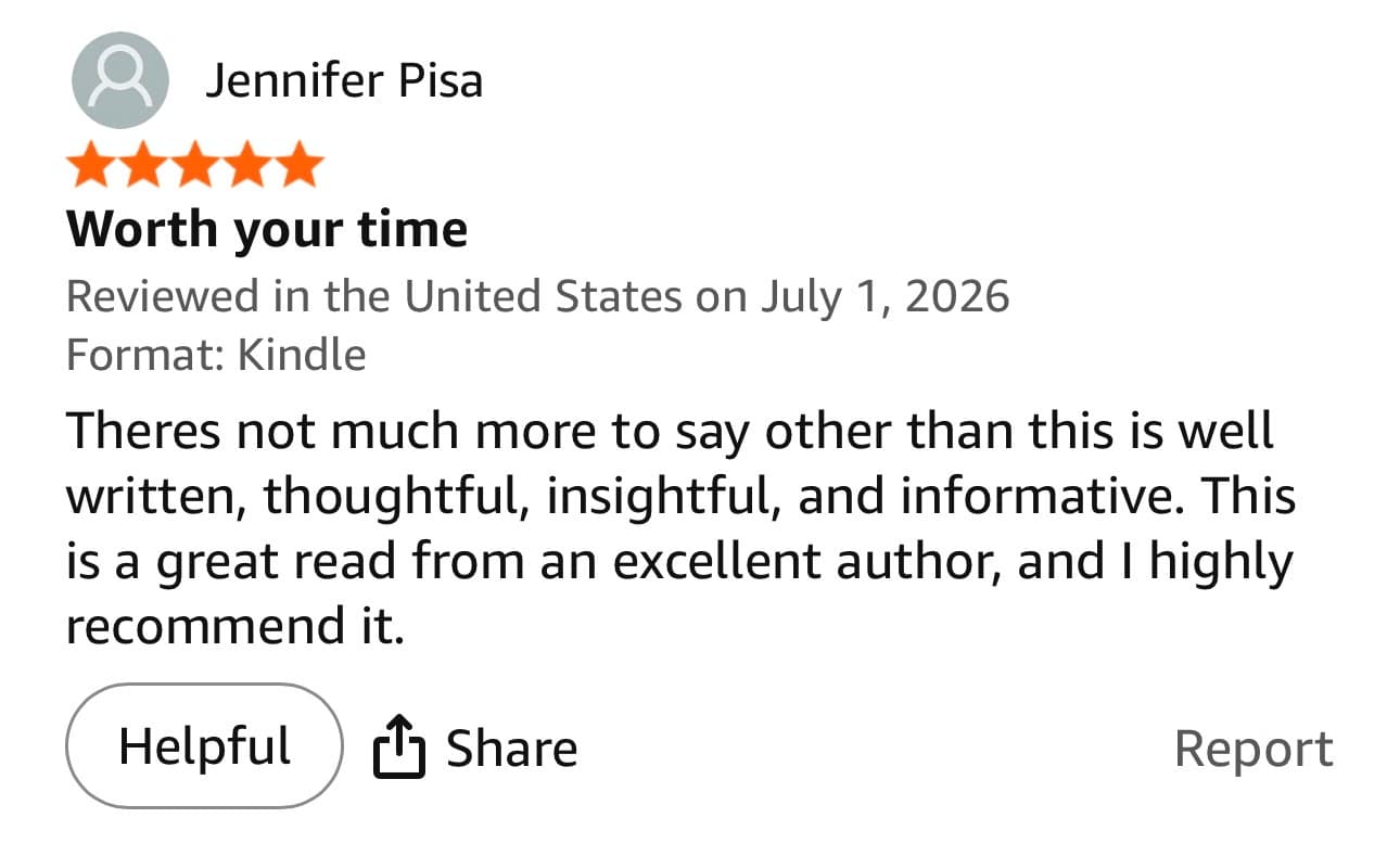 Five-star Amazon review titled "Worth your time" from Jennifer Pisa