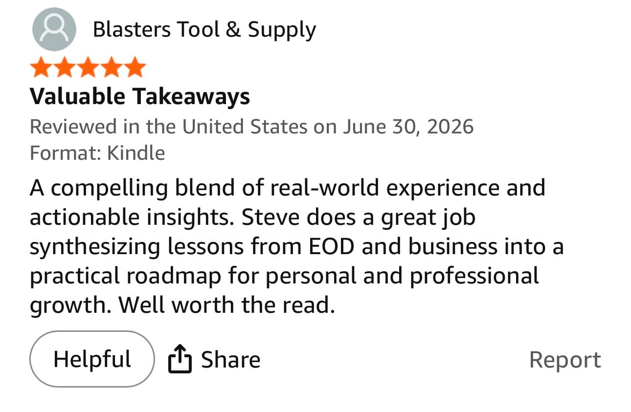 Five-star Amazon review titled "Valuable Takeaways" from Blasters Tool & Supply