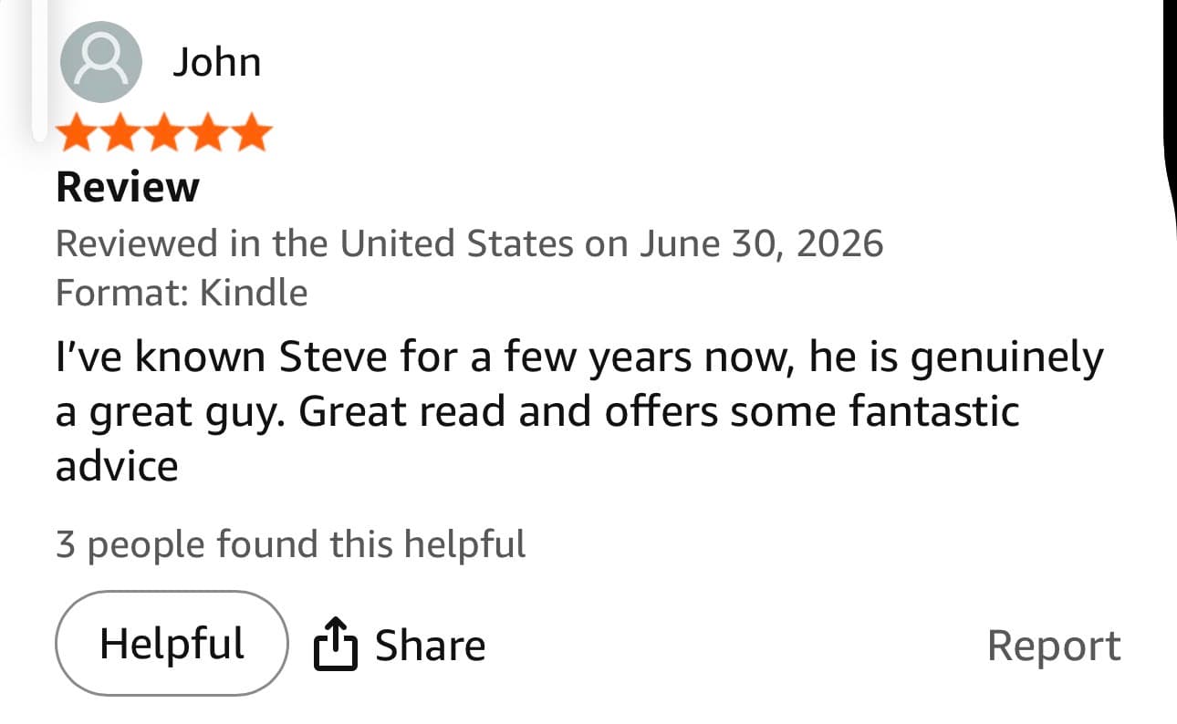 Five-star Amazon review from John calling Green Football a great read with fantastic advice
